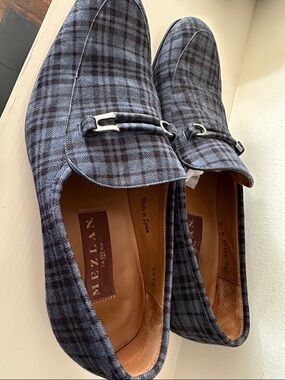 Mezlan Gray and Black Plaid Slip-On Loafers with Silver Bit